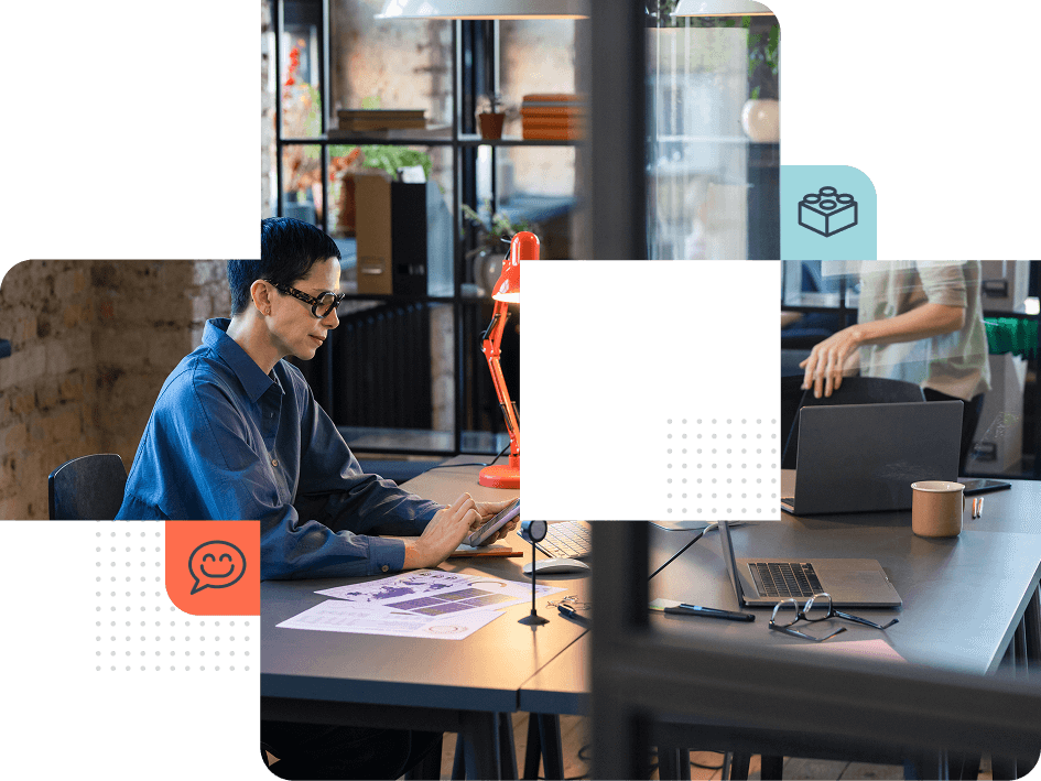 Collage: un hombre trabajando con el portátil en una oficina, con iconos de producto y reseñas