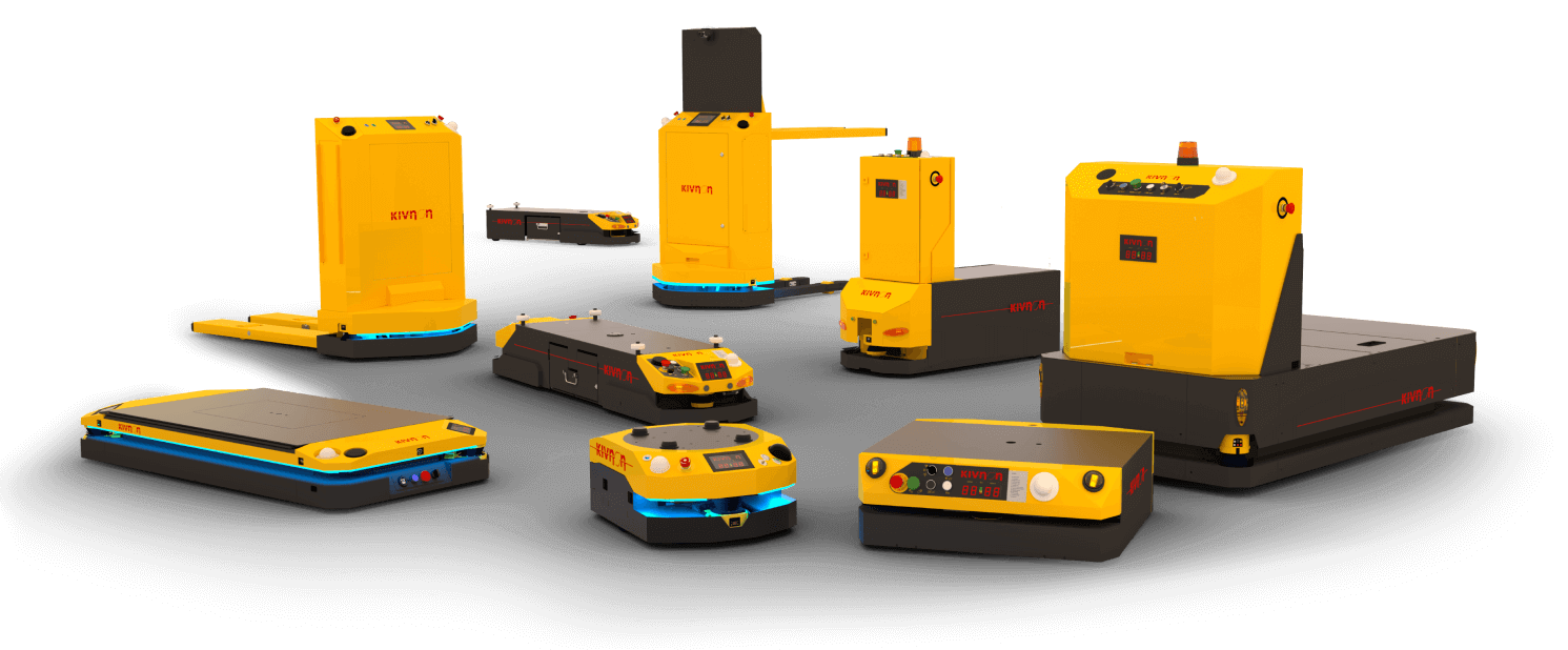 Gama de vehículos AGV de Kivnon alineados en render