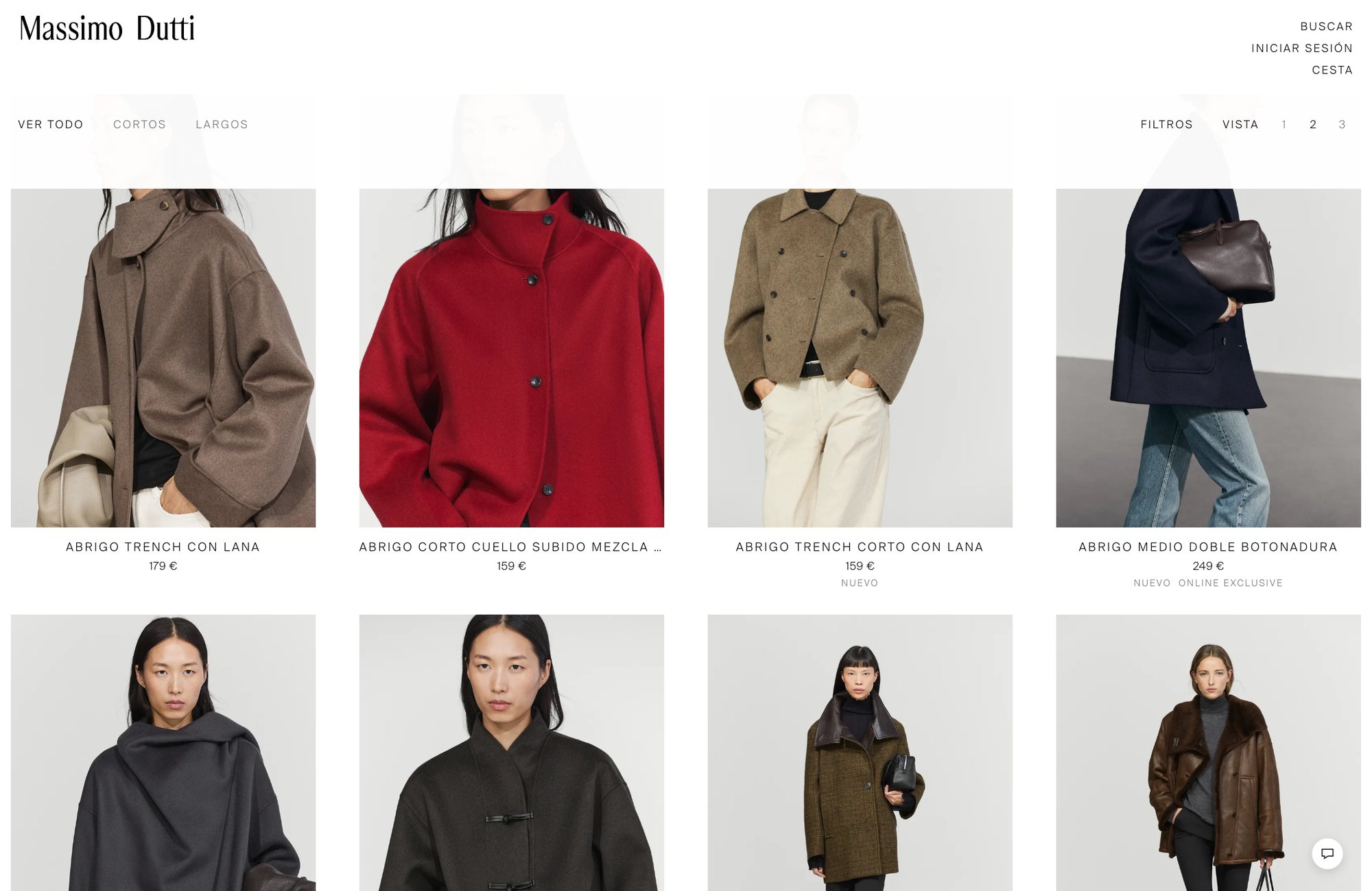 Listado de abrigos de mujer en massimodutti.com