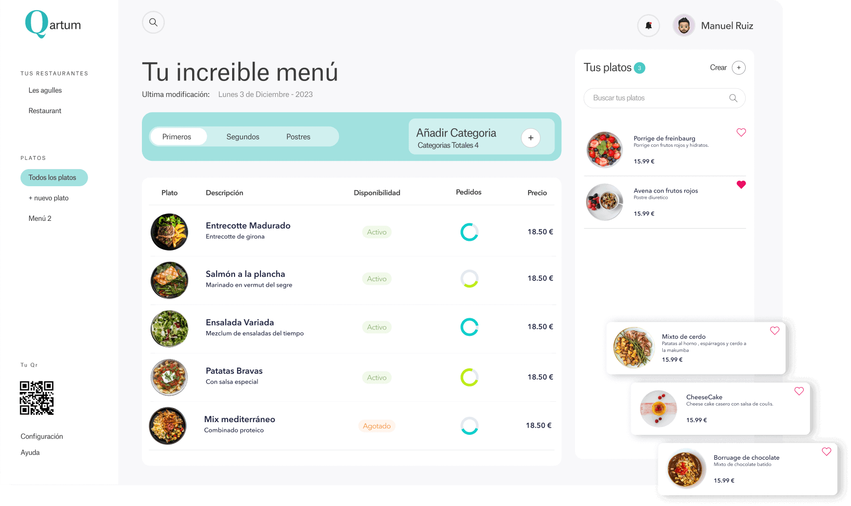 Panel de gestión de Qartum: la carta con sus platos, disponibilidad y precios