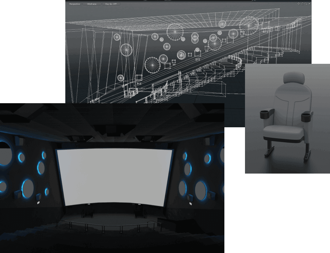 Proceso de modelado: la sala en wireframe, el render final de la pantalla y el modelo de una butaca
