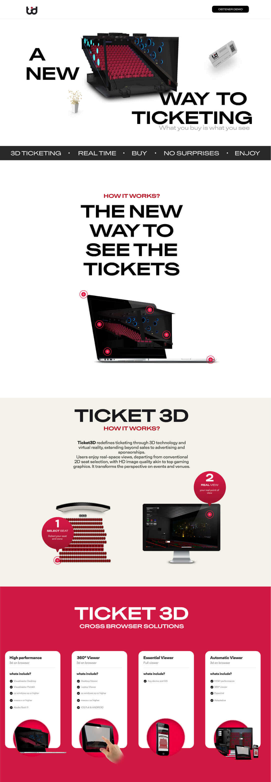 Landing completa de Ticket 3D: portada «A new way to ticketing», cómo funciona y soluciones multinavegador