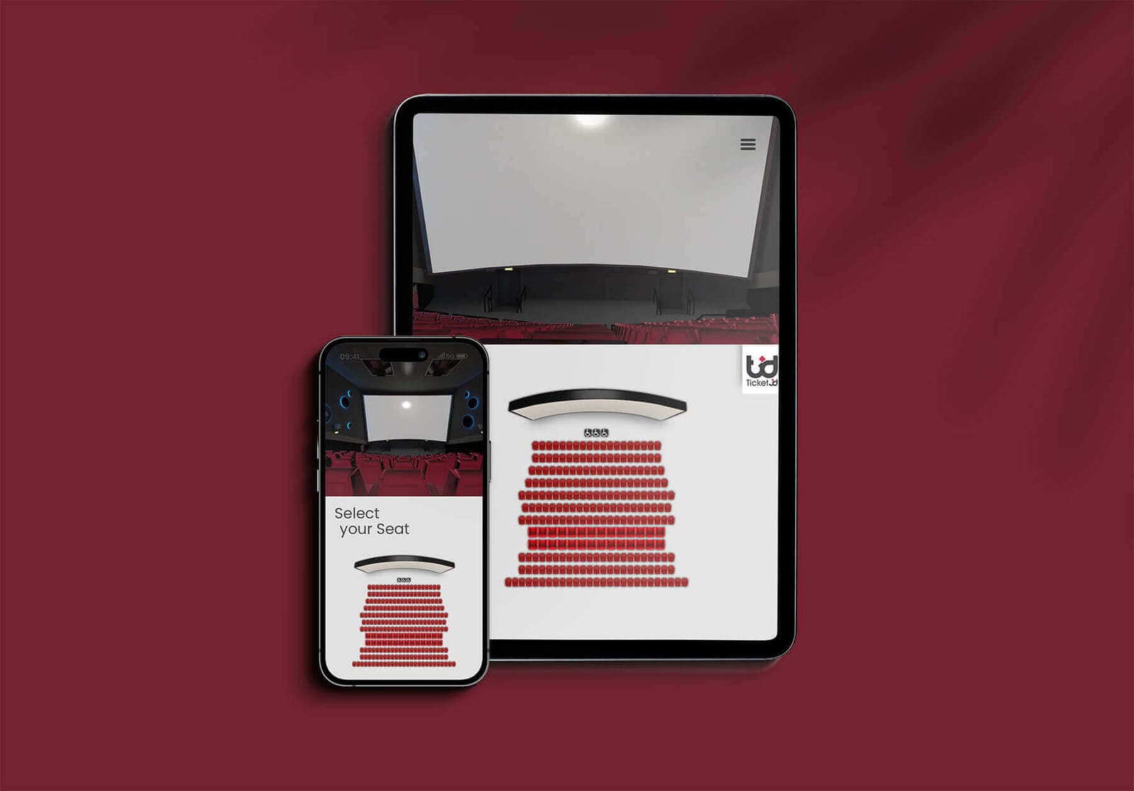 Ticket 3D en tablet y móvil: vista de la pantalla desde la butaca y plano de selección de asientos