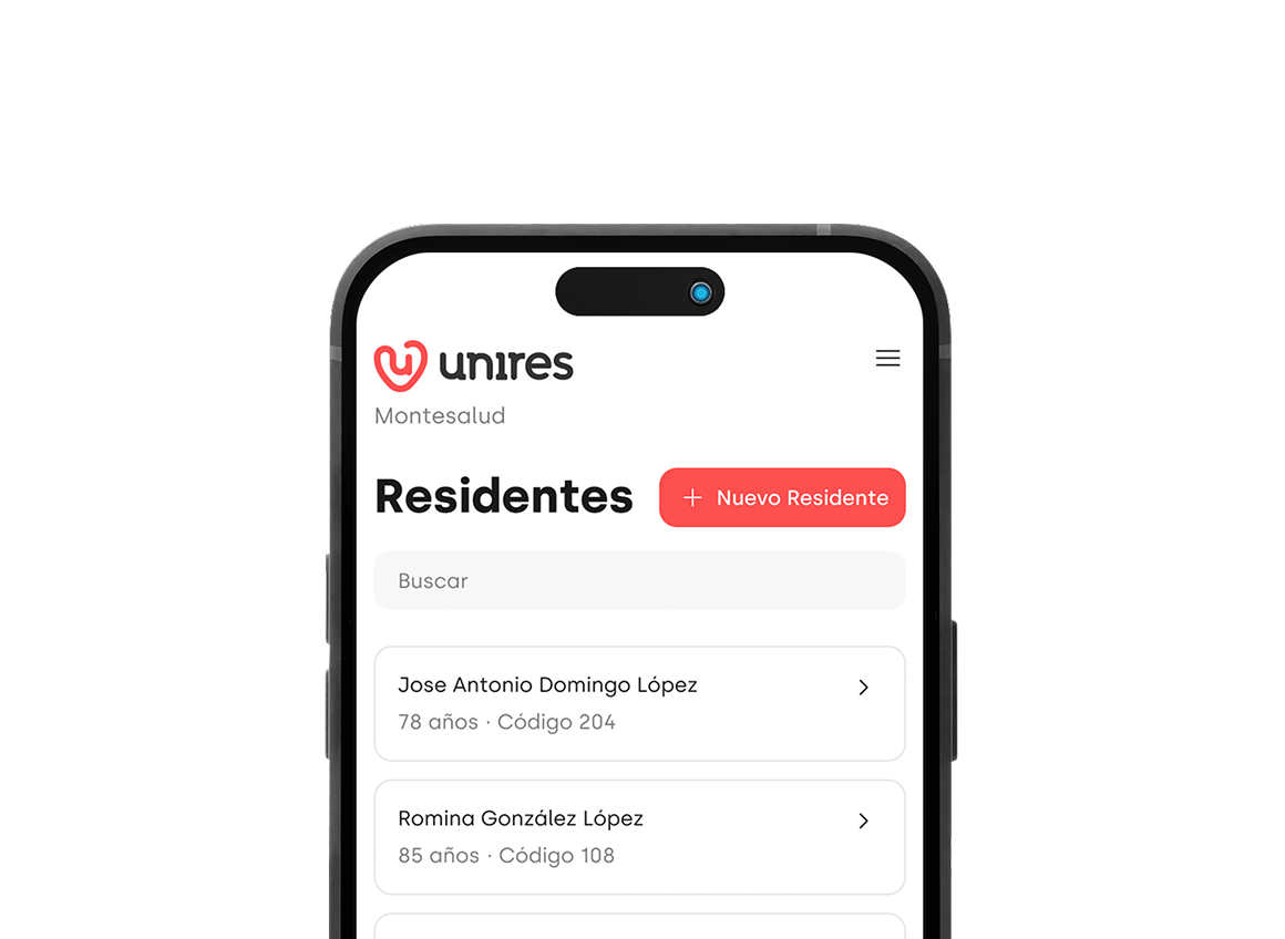 Panel de administración de UniRes con el listado de residentes